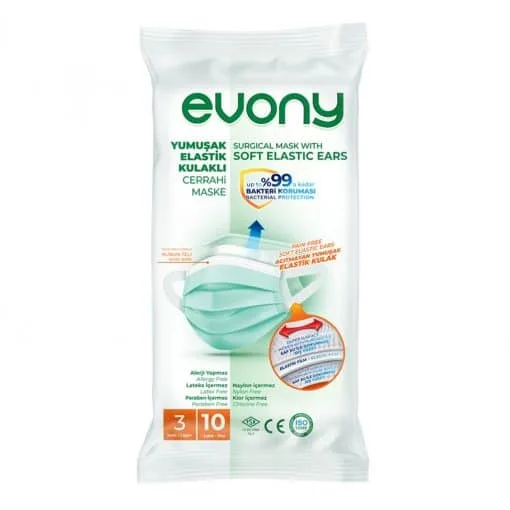 Evony Yumuşak Elastik Kulaklı Cerrahi Maske 10'lu Paket
