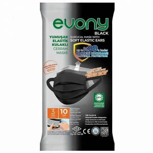 Evony Siyah Yumuşak Elastik Kulaklı Cerrahi Maske 10'lu Paket