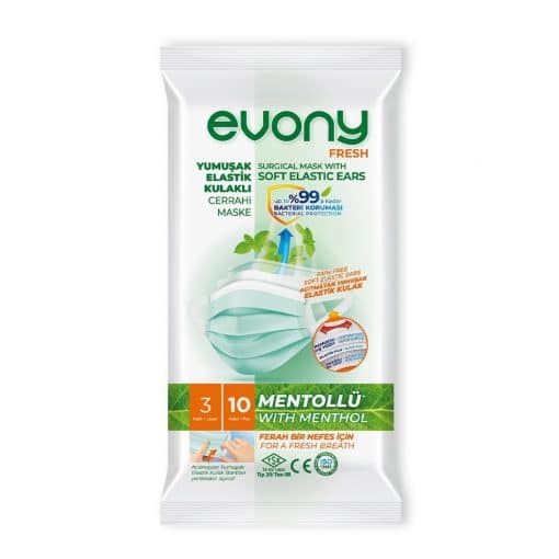 Evony Fresh Mentollü Yumuşak Elastik Kulaklı Cerrahi Maske 10'lu Paket