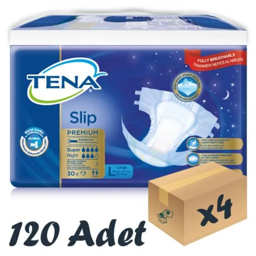 TENA Slip Premium Super Night Bel Bantlı Hasta Bezi, Büyük Boy (L), 7 Damla, 30'lu 4 Paket 120 Adet