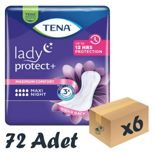 TENA Lady Maxi Night, Kadın Gece Mesane Pedi, 8 Damla, 12'li 6 Paket 72 Adet