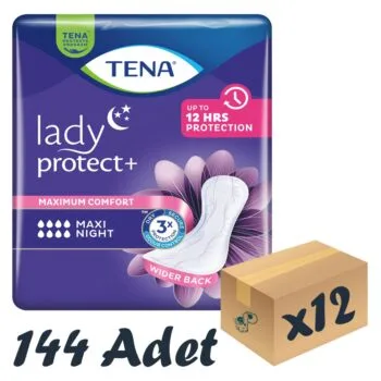 TENA Lady Maxi Night, Kadın Gece Mesane Pedi, 8 Damla, 12'li 12 Paket 144 Adet