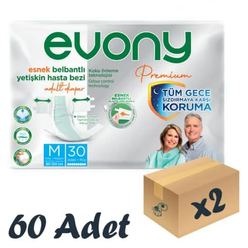 Evony Premium Esnek Bel Bantlı Yetişkin Hasta Bezi Medium 30’lu 2 Paket 60 Adet