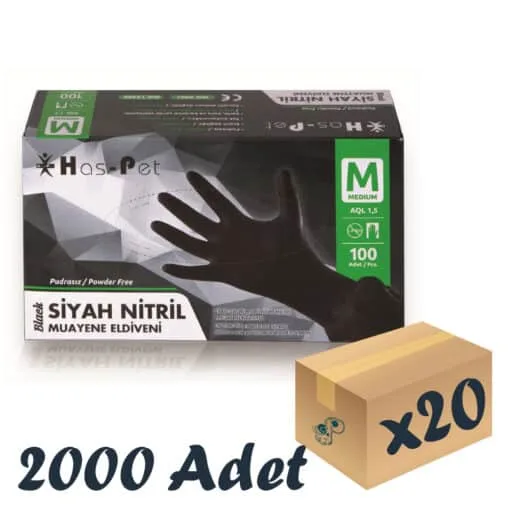 Has-pet Siyah Nitril Pudrasız Eldiven Medium 100’lü 20 Paket 2000 Adet
