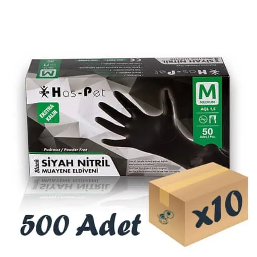 Has-pet Siyah Nitril Extra Kalın Eldiven 50'li 10 Paket 500 Adet Medium