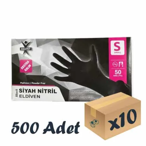 Has-pet Siyah Nitril Extra Kalın Eldiven 50'li 10 Paket 500 Adet Small