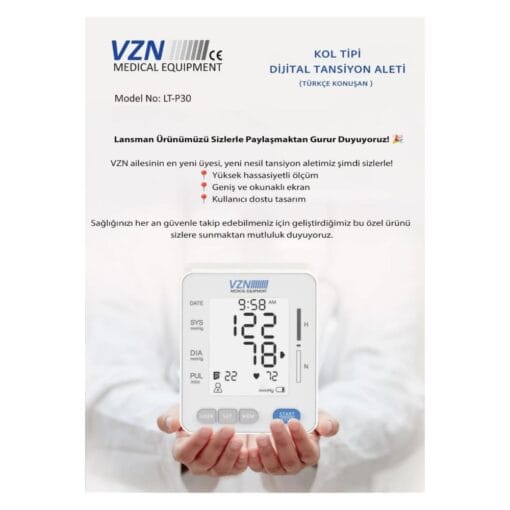 VZN LT-P30 Konuşan Dijital Tansiyon Aleti – Kol Tipi Geniş Manşon & Işıklı LCD Ekran