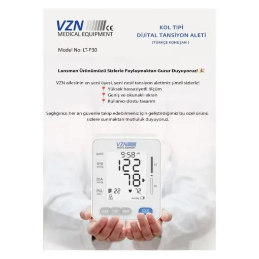 VZN LT-P30 Konuşan Dijital Tansiyon Aleti – Kol Tipi Geniş Manşon & Işıklı LCD Ekran