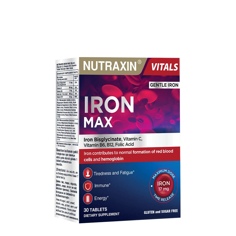 Nutraxin Iron Max – Zaman Salınımlı Bisglisinat Demir, C, B6, B12 ve Folik Asit Desteği