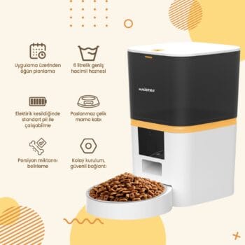 QQ003-V2 Akıllı Otomatik Kedi Mama Kabı, App-Wifi ile Uzaktan Kontrol, Öğün Planlama,porsiyon Belirleme,6lt Hazne, Metal