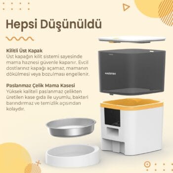 QQ003-V2 Akıllı Otomatik Kedi Mama Kabı, App-Wifi ile Uzaktan Kontrol, Öğün Planlama,porsiyon Belirleme,6lt Hazne, Metal