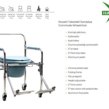 Haspet Klozetli Tekerlekli Sandalye – Katlanabilir, Yükseklik Ayarlı & Frenli Hasta Tuvalet Sandalyesi