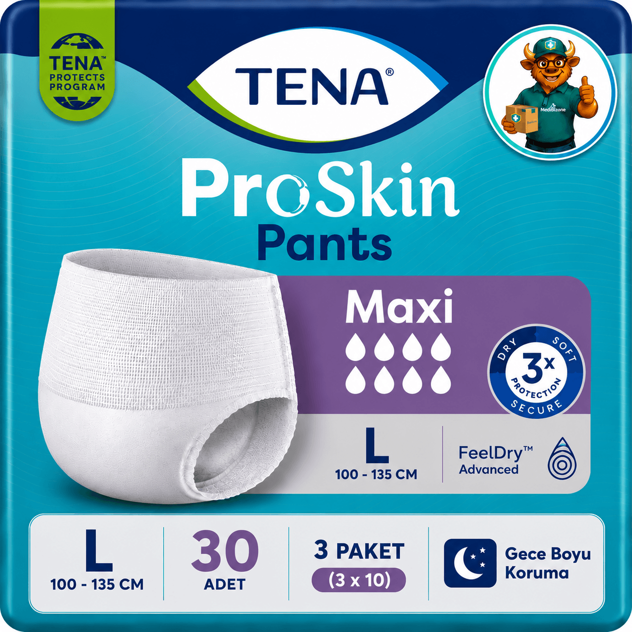 TENA ProSkin Pants Maxi Emici Külot 8 Damla L Beden 10'li 3 Paket 30 Adet