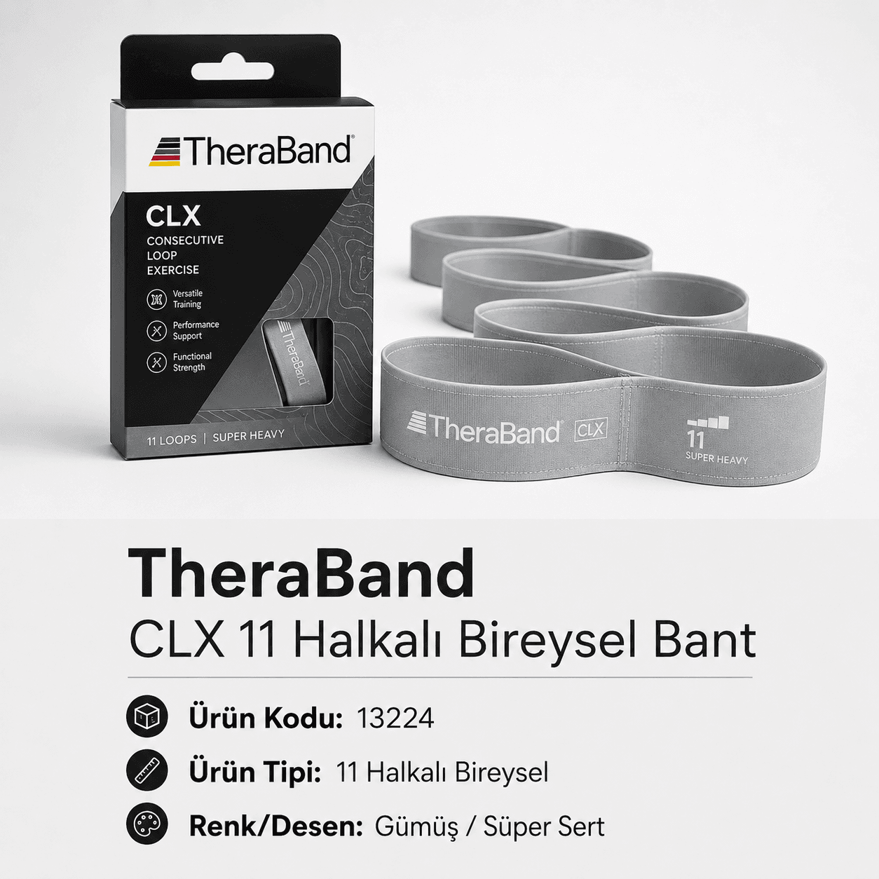 TheraBand CLX 11 Halkalı Egzersiz Bandı Tekli-Gümüş - Süper Sert - 13224