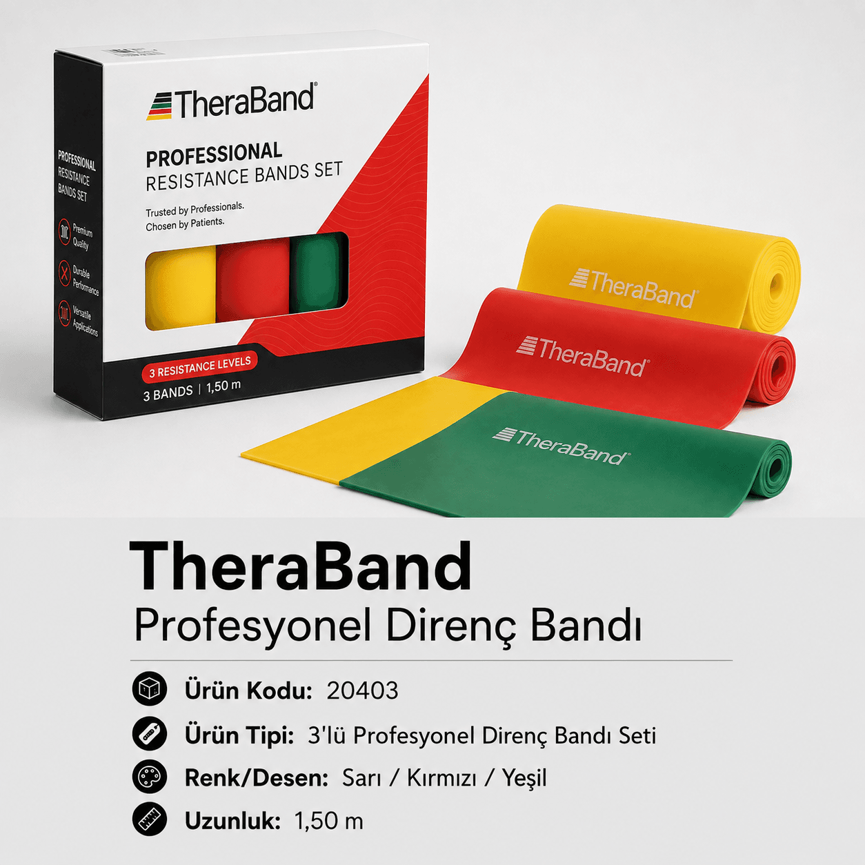 TheraBand Set Profesyonel Direnç Bandı 1,50 m - Sarı, Kırmızı, Yeşil - 20403
