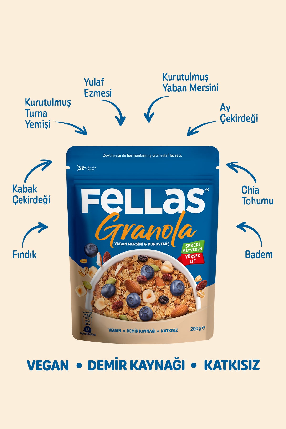 Fellas Granola - Yaban Mersini & Kuruyemiş (200 g) - Görsel 3