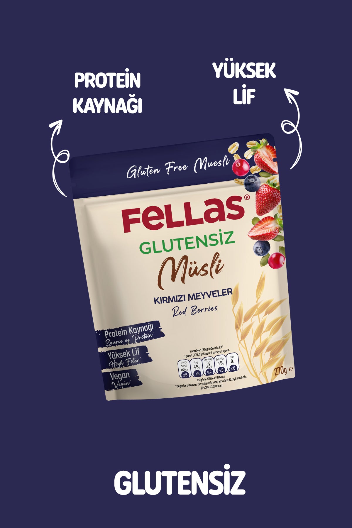 Fellas Glutensiz Müsli - Kırmızı Meyveli (270 g) - Görsel 3