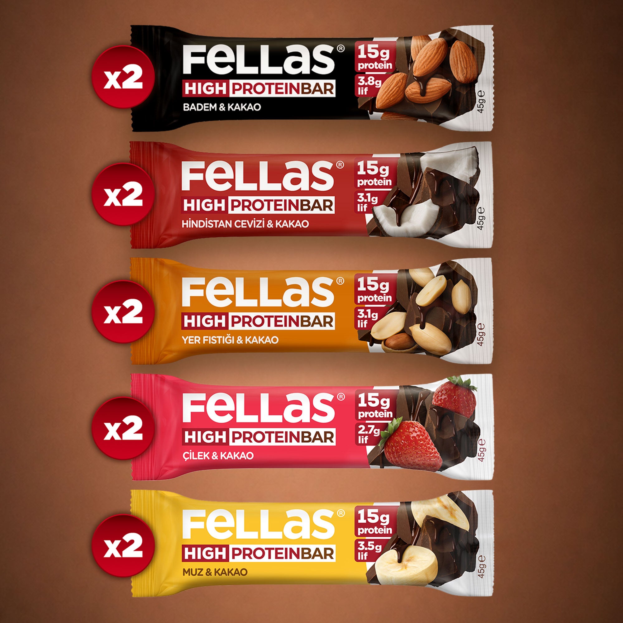 Fellas Yüksek Protein Bar (45 g) Karma Kutu 10 Adet (5 Çeşit)